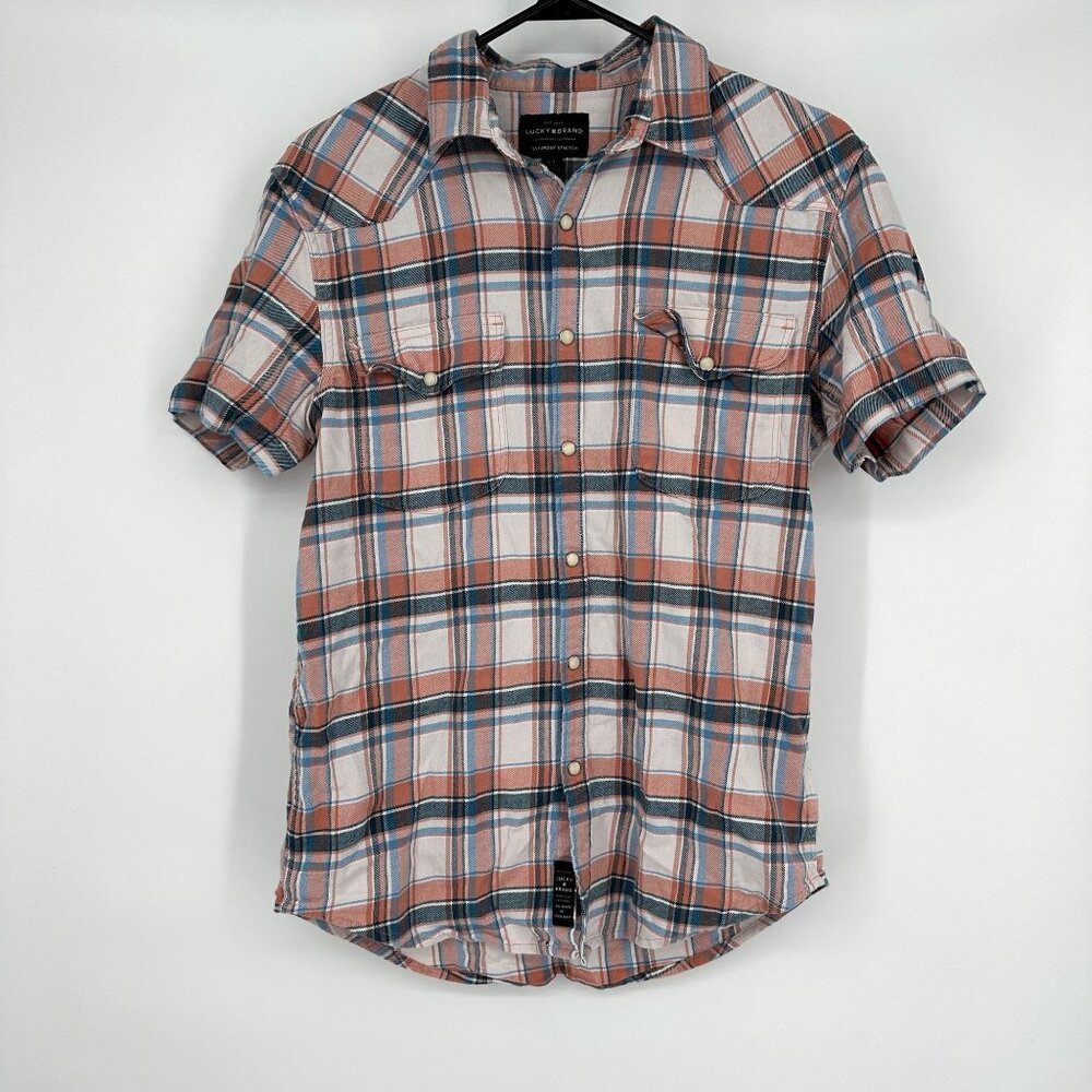 Lucky Brand Saturday Stretch Short Sleeve Plaid Shirt Orange Size small
